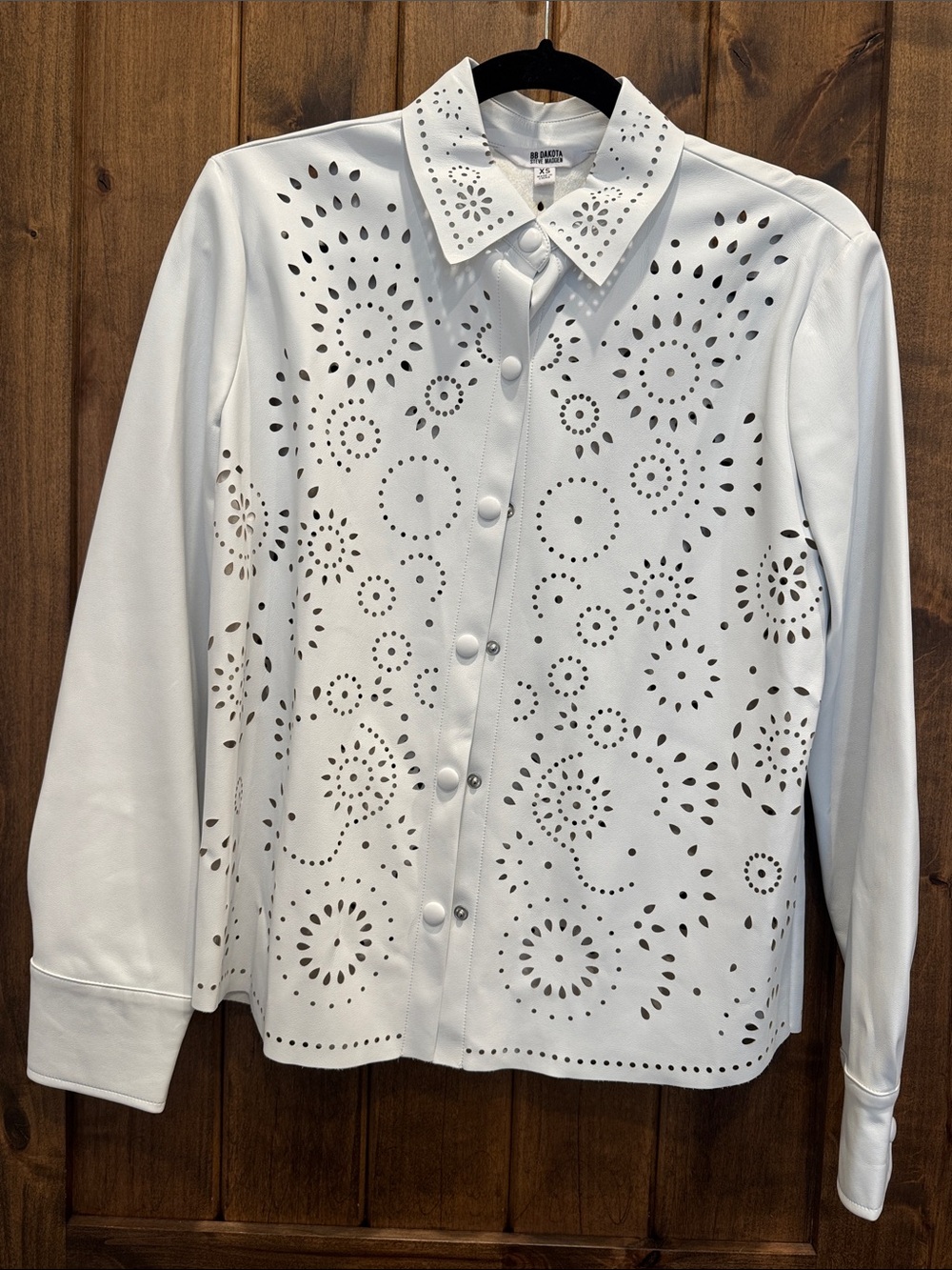 BB Dakota White Laser-Cut Button Front Faux Leather Shirt Jacket